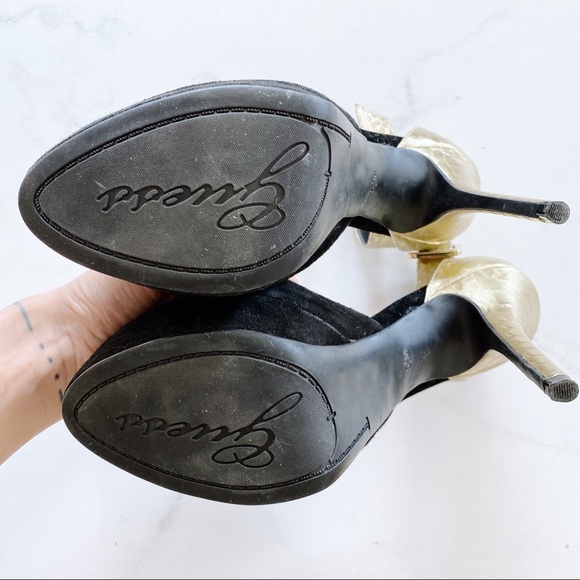GUESS black gold suede leather snakeskin embossed platform heels - Picture 2 of 5